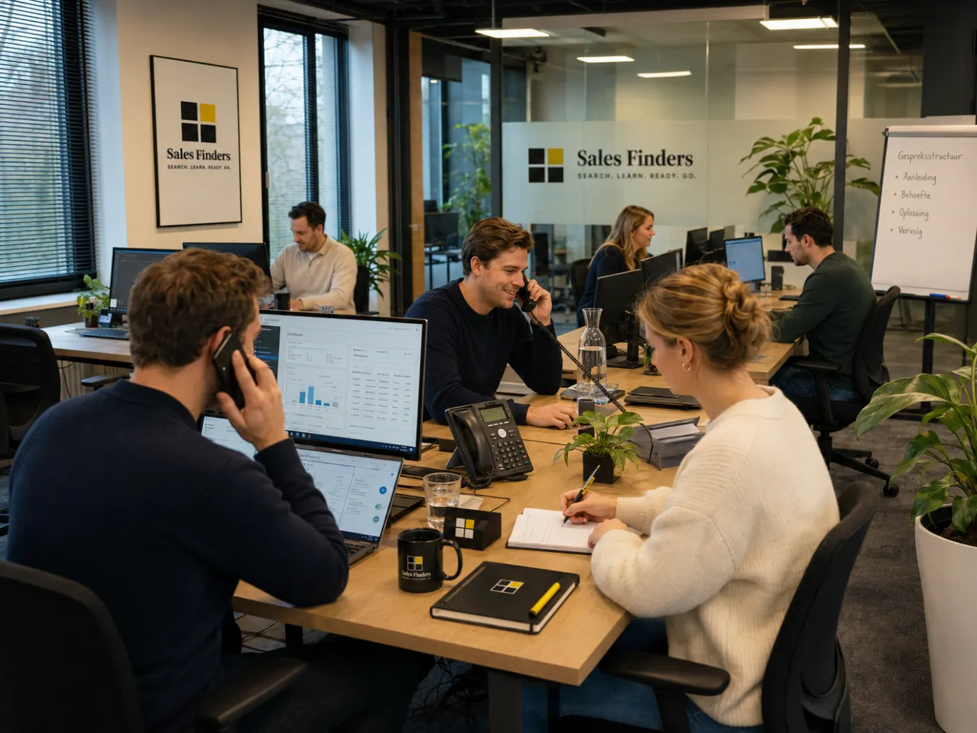 Een druk belteam van Sales Finders aan lange bureaus, meerdere mensen aan de telefoon. Op de flip-over staat de gespreksstructuur: aanleiding, behoefte, oplossing, vervolg.