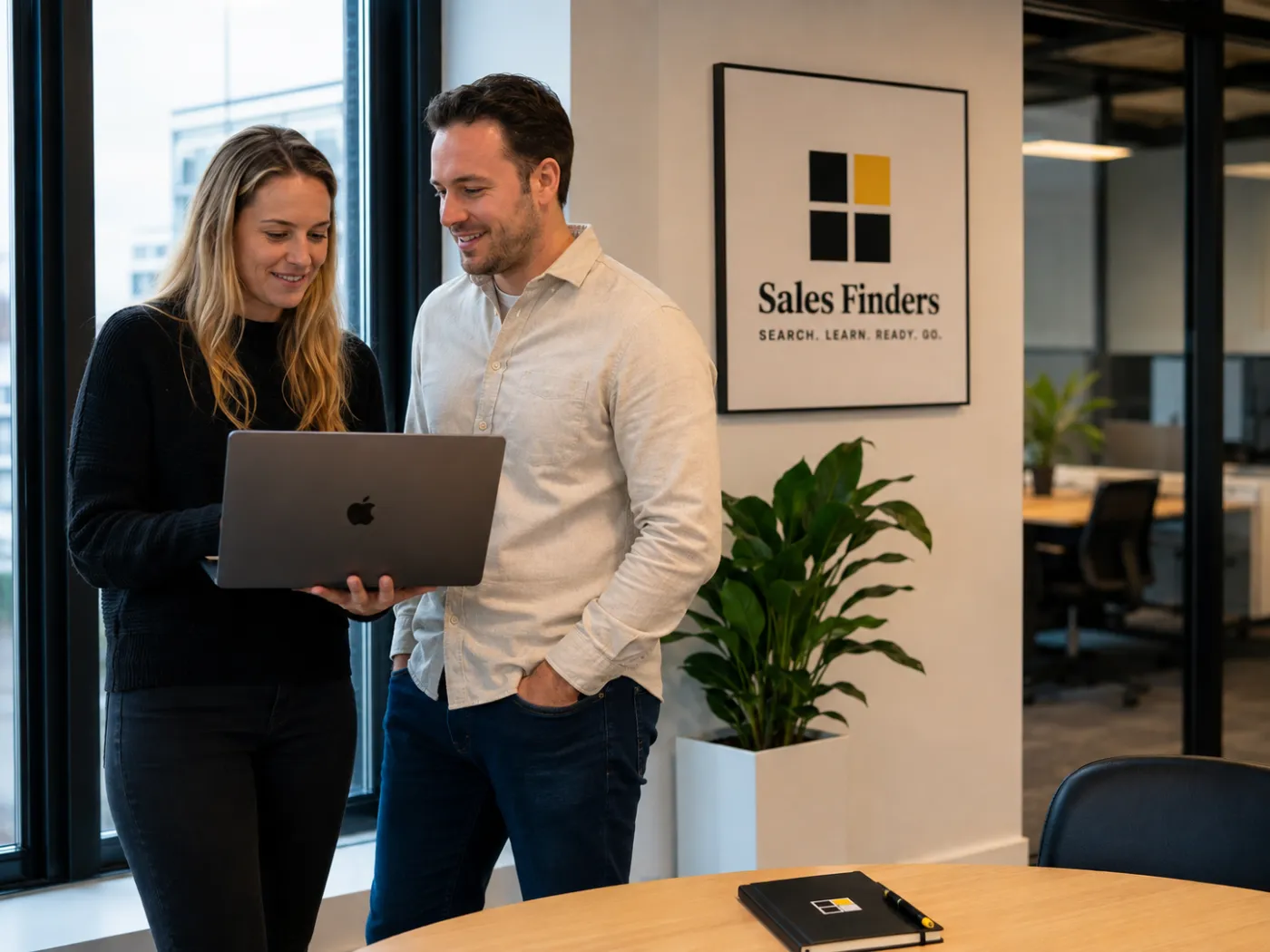 Twee collega’s staan bij het raam en kijken samen naar een laptop die de een vasthoudt, in het kantoor van Sales Finders.