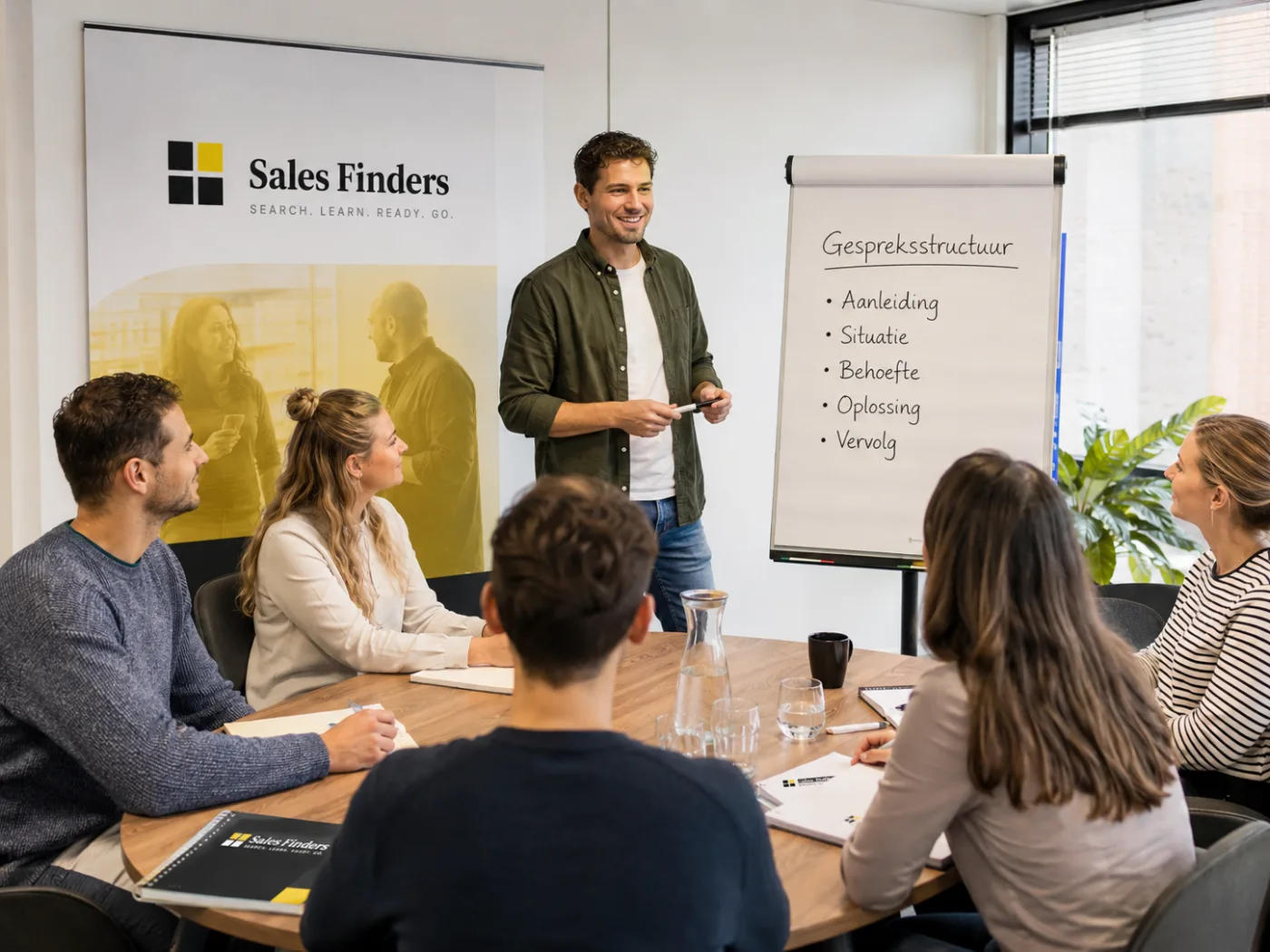 Een trainer staat bij de flip-over en licht de gespreksstructuur toe aan vijf deelnemers rond de tafel: aanleiding, situatie, behoefte, oplossing en vervolg.