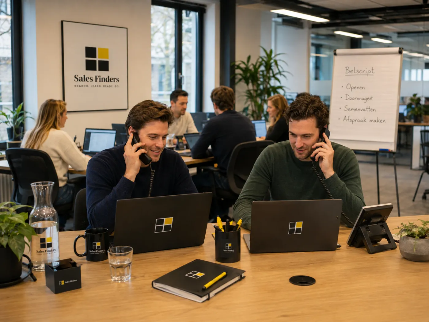 Twee medewerkers van de salesbinnendienst bellen naast elkaar met een vaste telefoon, met achter hen het belscript op de flip-over en collega’s aan het werk.