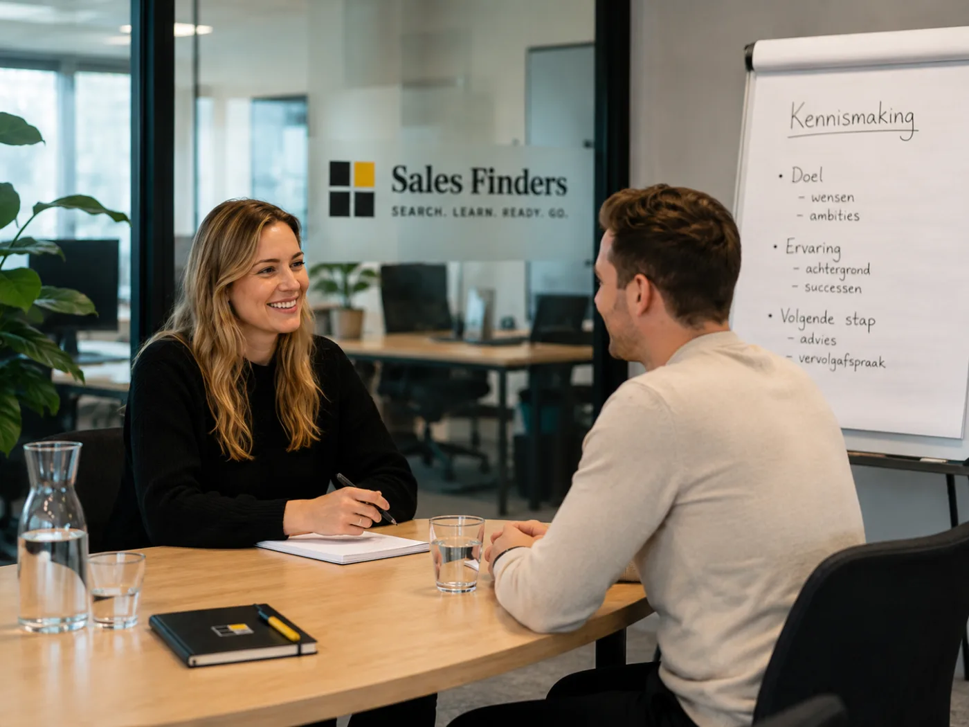 Een consultant van Sales Finders in gesprek met een kandidaat aan tafel. Op de flip-over staat de agenda van de kennismaking: doel, ervaring en de volgende stap.