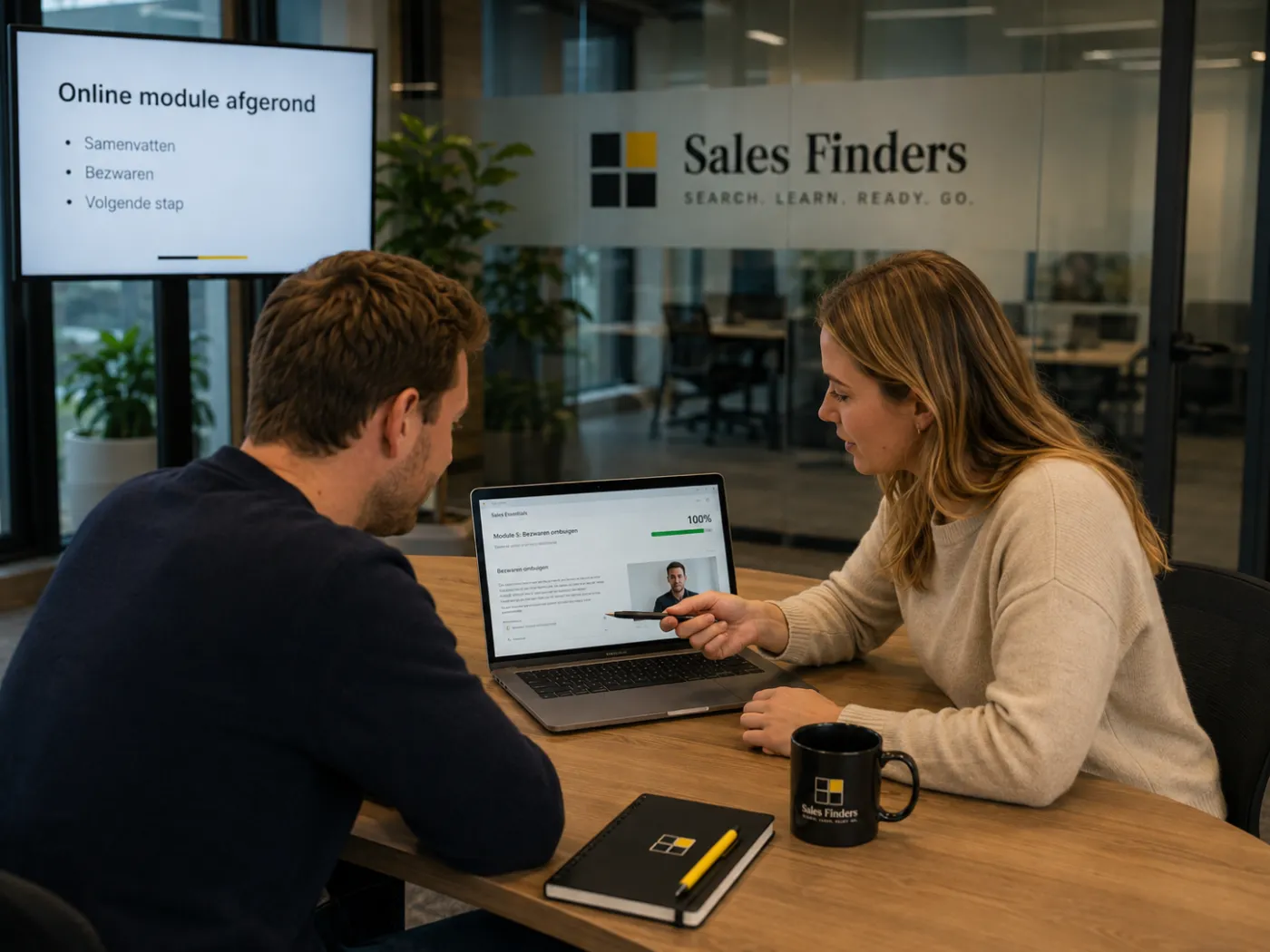 Een coach en een nieuwe medewerker zitten samen achter een laptop en nemen een afgeronde module door.
