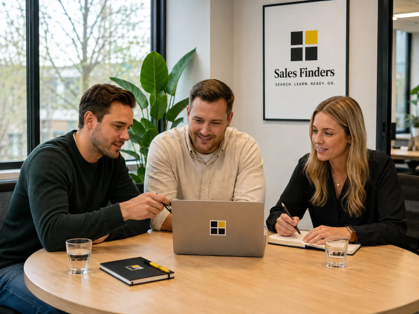 Drie collega’s van Sales Finders kijken samen naar een laptopscherm en bespreken kandidaten, terwijl er aantekeningen worden gemaakt.
