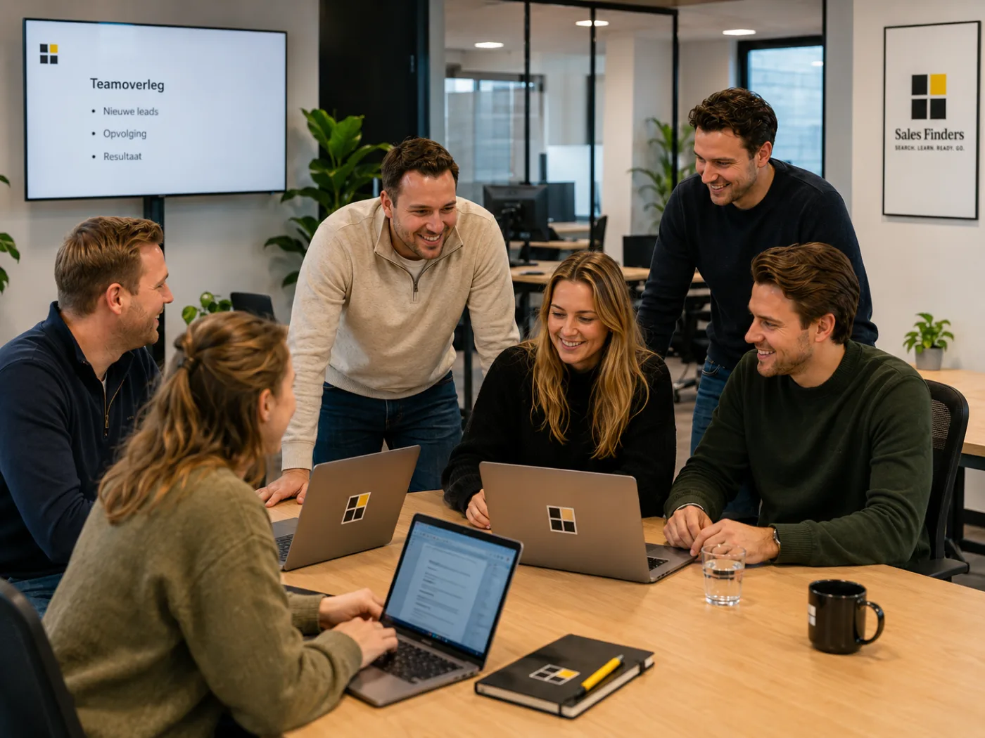 Zes collega’s van Sales Finders in overleg rond een tafel met laptops. Op het scherm staat de agenda van het teamoverleg: nieuwe leads, opvolging en resultaat.