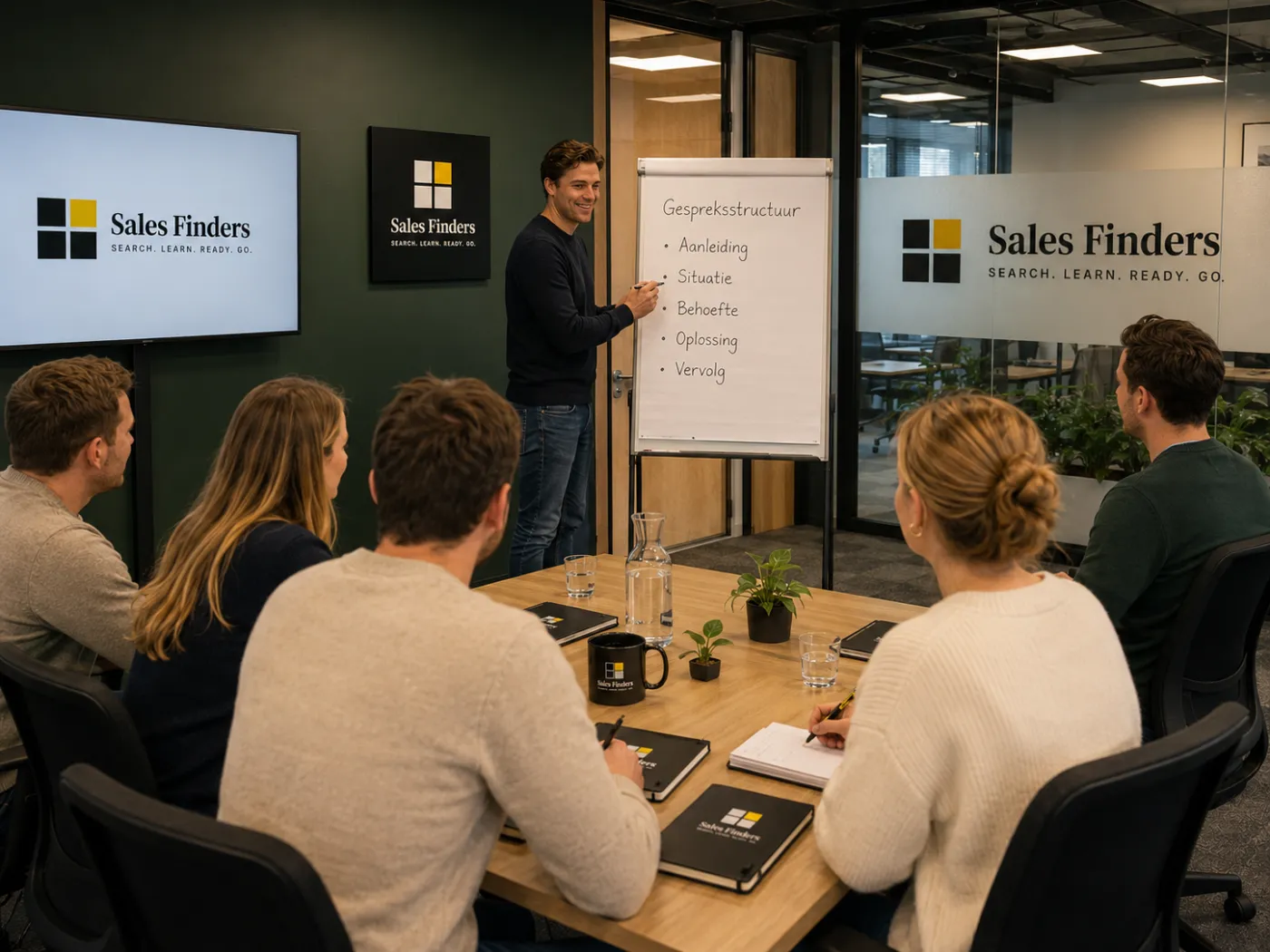 Een trainer schrijft de gespreksstructuur op de flip-over voor zes deelnemers: aanleiding, situatie, behoefte, oplossing en vervolg.